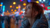 Young redhead woman in winter jacket gazing up at city lights during rain, with dreamy bokeh background creating atmospheric urban nighttime mood.