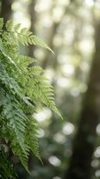 Fresh green fern fronds in natural forest setting with soft bokeh background creating peaceful botanical atmosphere for wellness and nature concepts.