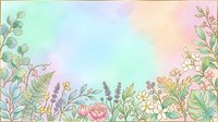 Soft watercolor floral border with pastel rainbow background, featuring roses, lavender, ferns, and eucalyptus leaves for spring greeting cards.