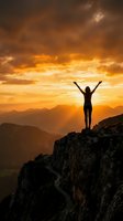 Silhouette of a woman standing on a mountain cliff with arms raised toward a dramatic golden sunset sky.