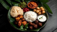 Traditional Indian thali served on banana leaf with rice, naan bread, chicken tikka, meatballs, and various curry sauces. Authentic restaurant style presentation.