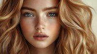 Close up portrait of young woman with natural freckles, blue eyes, wavy blonde hair, and soft makeup against neutral background. Gentle beauty concept.