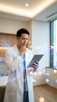 Asian male doctor in white coat using digital tablet with futuristic holographic data visualization effects in modern medical office for healthcare technology.