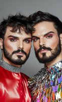 Two male models with dark beards and dramatic makeup wearing metallic chokers and avant-garde fashion. One in red latex, other with holographic sequin details. Studio portrait on gray.
