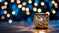 Glowing ornate candle holder casting intricate shadow patterns against dark background with soft golden bokeh lights creating magical atmosphere.