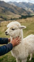 White llama being petted by person with tanned skin wearing dark jacket in mountain valley landscape with green meadow and distant peaks.