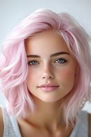 Young woman with pastel pink wavy hair and bright blue eyes looking directly at camera with natural makeup and soft expression against light background.