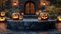 Glowing carved pumpkins on stone platform with spooky castle entrance in background, creating atmospheric Halloween scene.