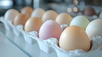 Fresh farm eggs in varying natural colors from white to brown and pink arranged in cardboard carton, selective focus with soft bokeh background.