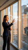 Professional businesswoman in navy suit touching modern office window overlooking urban cityscape during golden hour sunset light for corporate presentations.