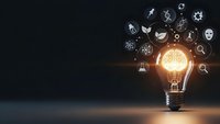 Glowing light bulb with floating innovation icons representing creativity, brainstorming and business ideas on dark background for presentations.