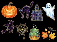 Spooky Halloween collection featuring jack-o-lantern pumpkin, black cat, haunted house, ghost, witch, spider web, cauldron, bats, and autumn leaves isolated on transparent background. Ready for t-shirts, stickers, clipart, and print-on-demand designs.