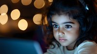 Young girl with curly hair using tablet computer at night with warm bokeh lights creating cozy atmosphere for digital learning and entertainment.