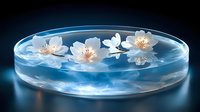 White cherry blossoms floating in clear water in round glass petri dish against dark background with ethereal blue glow, creating serene spa atmosphere.