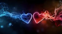 Glowing blue and red heart shapes formed by smoke trails connect against dark background with magical light effects and bokeh elements for romantic designs.