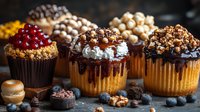 Gourmet cupcakes with decadent toppings including fresh berries, chocolate drizzle, nuts and caramel on rustic dark background. Luxury dessert photography.
