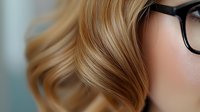 Young caucasian woman with blonde wavy hair and black-rimmed glasses in soft focus close-up view. Natural beauty and fashion portrait with gentle bokeh background.
