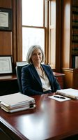 Senior female attorney with gray hair and fair complexion sits at mahogany desk in traditional law office, wearing navy blazer and white blouse, surrounded by legal documents and diplomas on wood-paneled walls.
