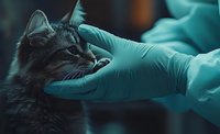 Veterinarian in protective gloves examining gray cat during medical checkup. Dark moody atmosphere with teal medical lighting creates professional healthcare setting.