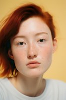 Young Asian woman with natural freckles and red hair poses against yellow background in minimalist portrait showing authentic beauty and natural skin texture.