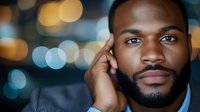 Professional African American businessman talking on smartphone with city lights bokeh background for corporate communication concepts.
