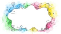 Colorful watercolor frame with whimsical doodles, hot air balloons, clouds and decorative elements on white background for creative design projects.