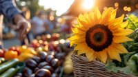 Vibrant sunflower at farmers market with fresh produce and wicker basket in warm evening sunlight, creating atmospheric autumn harvest scene with blurred background.