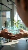 Hands holding glowing holographic environmental icons representing sustainability, green technology and eco-friendly solutions in modern office space.