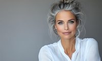 Elegant mature woman with silver gray hair and natural makeup wearing white blouse, smiling confidently against neutral background. Professional portrait.