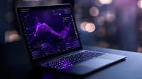 Modern laptop displaying purple glowing financial chart and analytics dashboard on screen against blurred bokeh background, business data visualization.