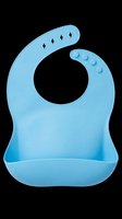 Blue silicone baby bib with snap closures and food-catching pocket, isolated on transparent background. Ready for clipart, print-on-demand, sublimation, and t-shirt design use.