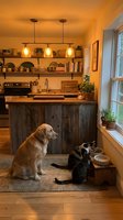 Cozy rustic kitchen interior with golden retriever and tabby cat sitting together on rug near reclaimed wood island with pendant lighting and open shelving.