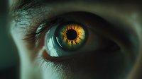 Close-up macro shot of human eye with golden amber iris and dilated pupil in dramatic lighting, showing intricate eye details against dark background.