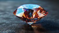 Brilliant cognac diamond with blue reflections on dark textured surface showcases luxury gemstone cut with precise facets and remarkable light dispersion.