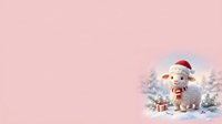 Cute white lamb wearing red Santa hat sitting in snow with gift box on soft pink background for holiday greeting cards and seasonal designs.