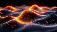 Abstract glowing orange and blue waves with sparkling particles flowing in dark space, creating dynamic energy pattern for technology and science backgrounds.