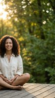 Young mixed race woman meditating peacefully outdoors on wooden deck with eyes closed, surrounded by lush green nature and warm golden sunlight bokeh.