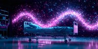 Empty hospital bed illuminated by magical glowing cosmic trail of pink and blue stardust floating in dark room, creating surreal medical environment.