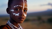 Young African woman with traditional white face paint and beaded necklace against blurred savanna landscape at sunset, cultural portrait showing tribal heritage and beauty.