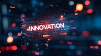 Glowing innovation text in futuristic digital space with red and blue bokeh lights, circuit board patterns, and technological elements creating modern atmosphere.