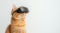 Orange tabby cat wearing VR headset looking up on white background. Funny pet technology concept for gaming and digital entertainment projects.