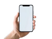 Male hand holding modern smartphone with blank white screen mockup on white background, isolated. Clean minimal design for app presentation.