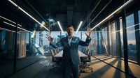 Professional businessman in suit conducting virtual meeting in modern glass conference room with city skyline view and digital interface technology.
