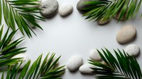 Fresh palm leaves frame with smooth zen stones on light background creating peaceful spa composition for wellness and relaxation designs.