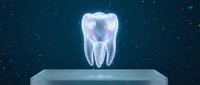 Holographic tooth floating above platform with glowing particles for dental technology and healthcare innovation concepts.