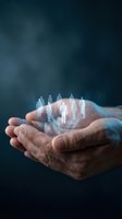 Cupped hands holding glowing holographic human figures representing team management, leadership, and human resources in business technology concept.