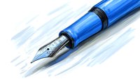 Elegant blue fountain pen with metallic nib on white background, dynamic angle composition with motion blur effect creates sense of writing movement and flow.