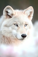 Close-up portrait of arctic white wolf with piercing blue eyes against soft blurred background, showing detailed fur texture and facial features in natural lighting.