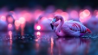 Pink flamingo standing in water with magical purple and pink bokeh lights reflecting on surface, creating dreamy atmosphere at dusk. Artistic nature photography.