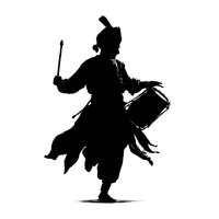 Black silhouette of traditional drummer in historical costume with feathered hat performing dynamic dance movement isolated on white background.